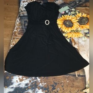 R&M Richards Black Cocktail Dress Size 12 NWT Rhinestone Buckle Wrap Waist